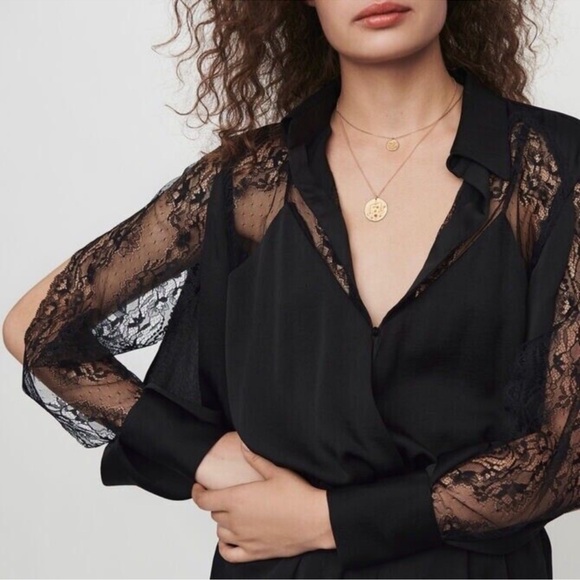 Maje Ines Lace-Paneled Playsuit in Black Polyester Size 1 Small - Picture 4 of 11